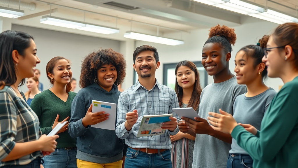 Diverse student group collaborating in a peer-led school-based prevention workshop