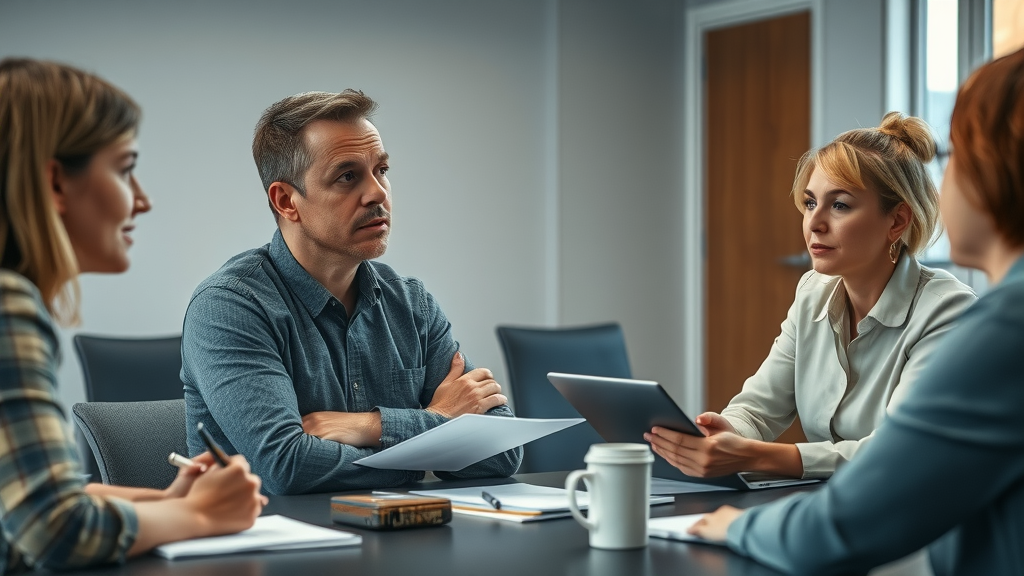 School administrator discussing school-based prevention program barriers and implementation strategies with teachers