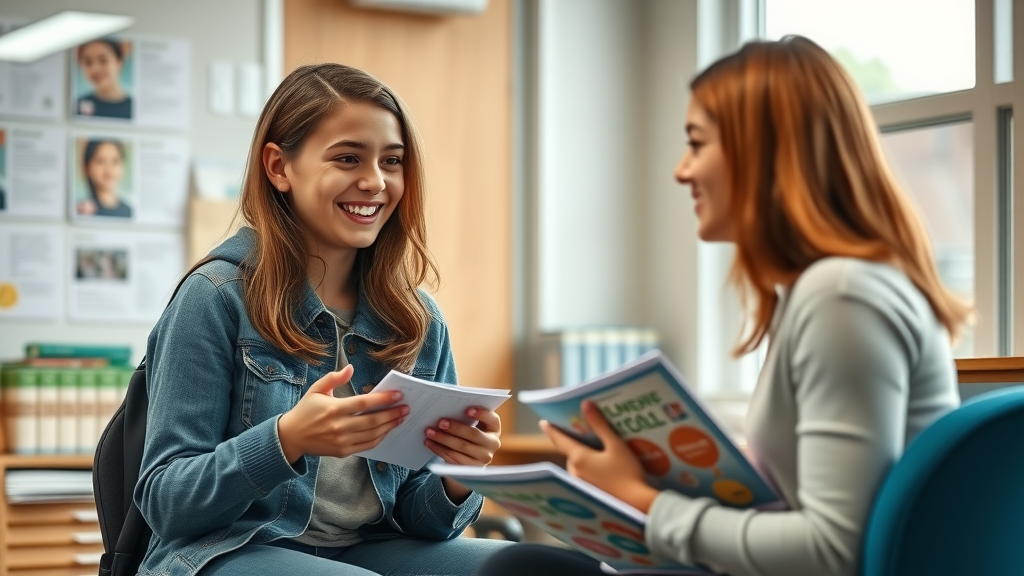 Knowledgeable teen speaking with a school counselor about school-based prevention programs