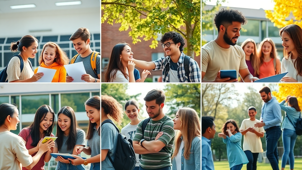 Collage of three school-based prevention program activities: volunteering, group discussion, outdoor team-building