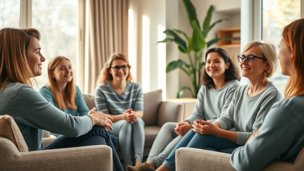 Teens in residential treatment group therapy session with therapist, hopeful atmosphere, keyword: residential treatment for young adults