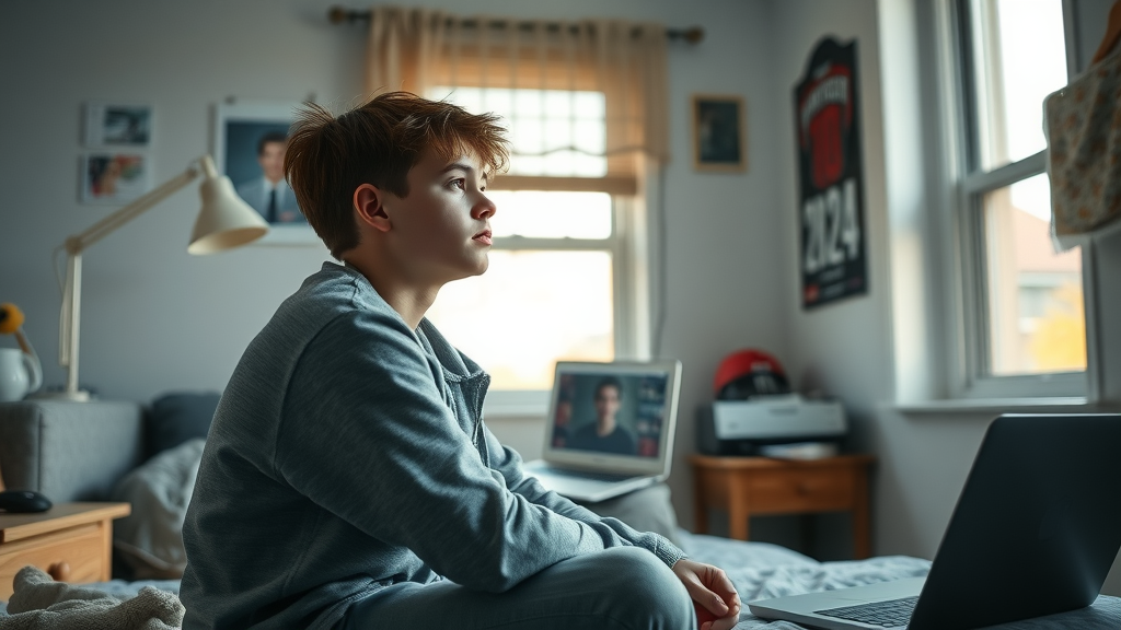Teen thinking in bedroom, recognizing warning signs of substance use, phrase: recognizing signs of addiction in teens
