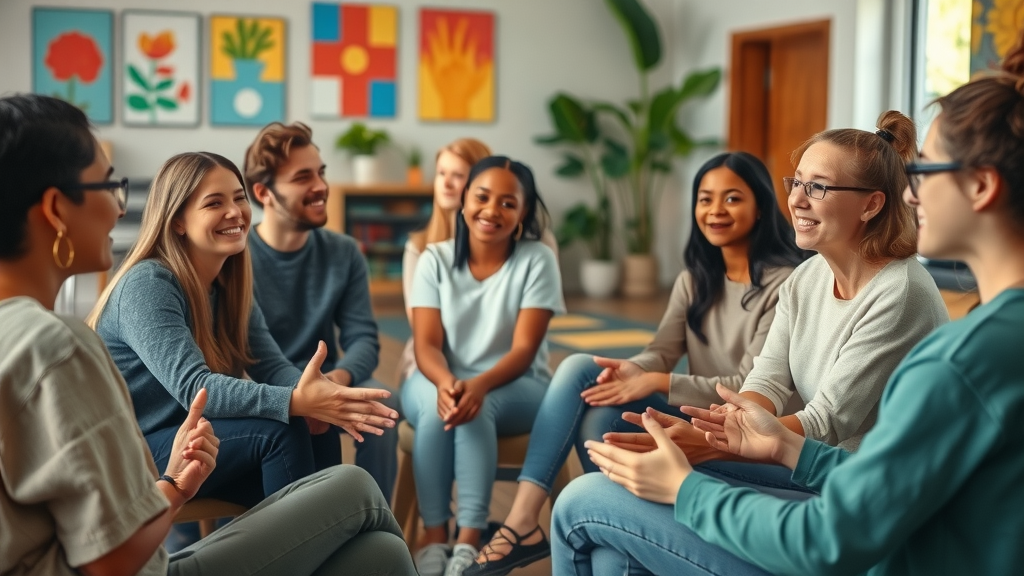 Group of teens in peer-based community recovery meeting, focus on support and hope, phrase: peer support in teen substance abuse treatment