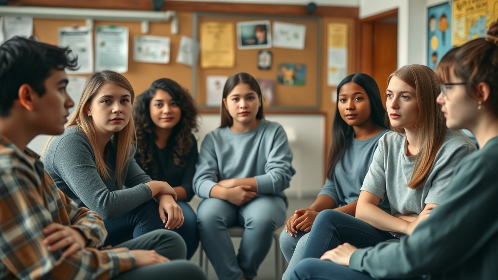 Diverse group of teenagers discussing peer pressure and risk-taking in a school counseling room, engaging and pensive, photorealistic, high depth of field, natural inviting color palette, no disfigured features, no text