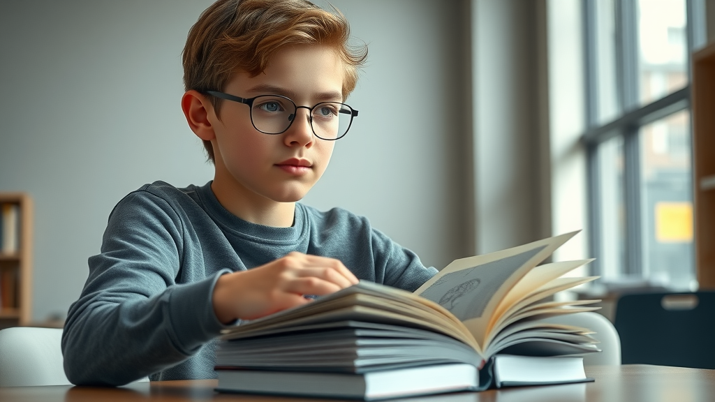 Teenager reading psychology book about how peer pressure drives teen risk-taking, photorealistic, modern library, no disfigured features, no text