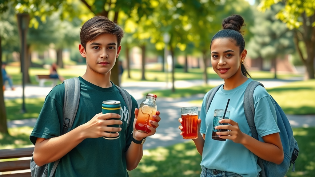Two teens offering different choices to a peer, neutral expressions about peer pressure, sunny public park, photorealistic, natural body language, no disfigured features, no text