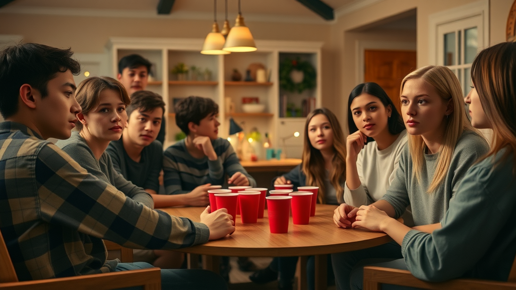 Teens at a house party facing peer pressure, mixed emotions about risky behavior, photorealistic, warm party setting, no disfigured features, no text