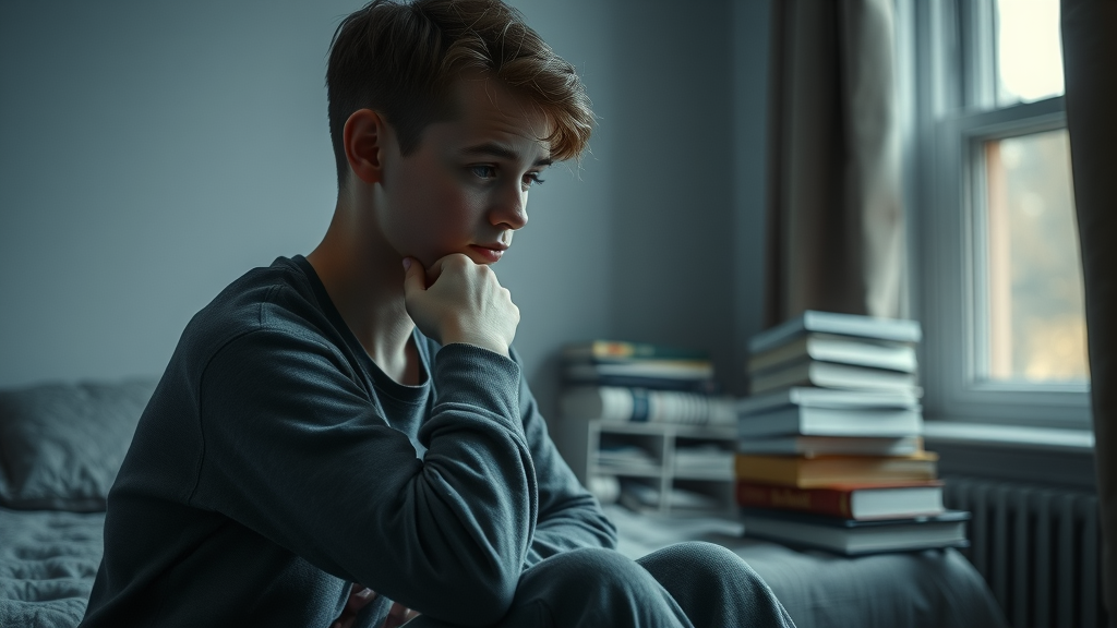 Somber teen reflecting on negative outcomes of risky behavior, sitting alone in bedroom, contemplative, photorealistic, moody atmosphere, no disfigured features, no text
