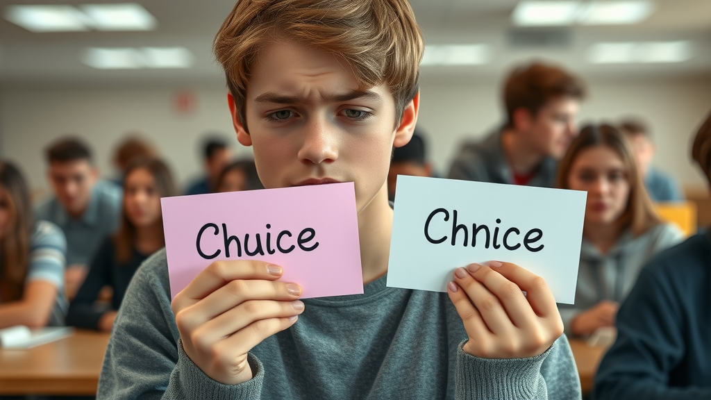 Teen considering risky options in school cafeteria, demonstrating conflicted peer pressure influence, photorealistic, natural features, no disfigured features, no text