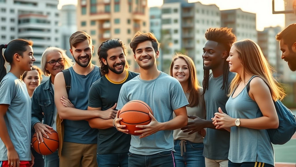 Supportive group of teens encouraging healthy, safe behaviors, around a basketball court, photorealistic, city background, no disfigured features, no text