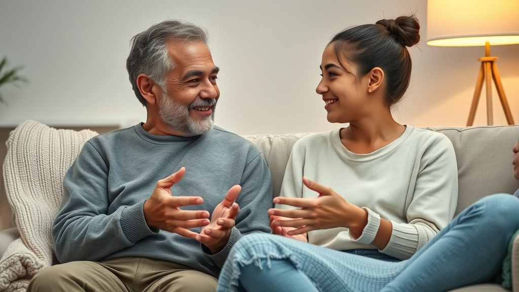 Caring parent and teen discussing peer pressure, open communication strategies for risk-taking, home setting, photorealistic, cozy atmosphere, no disfigured features, no text