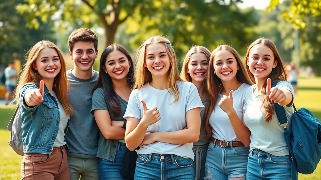 Confident, empowered teen group outdoors, positive peer influence, photorealistic, bright park, no disfigured features, no text