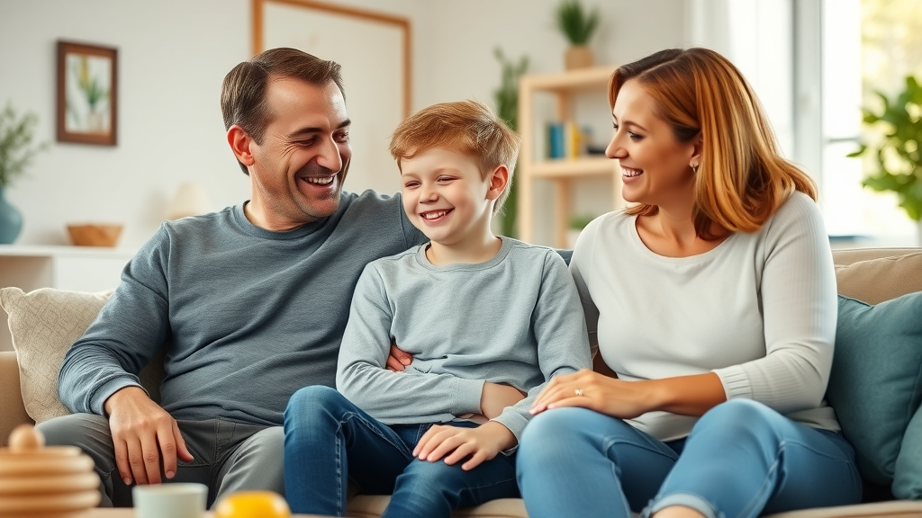 Warm, modern family interaction with authoritative parenting style in a bright, tidy home, supportive parents smiling with happy adolescent