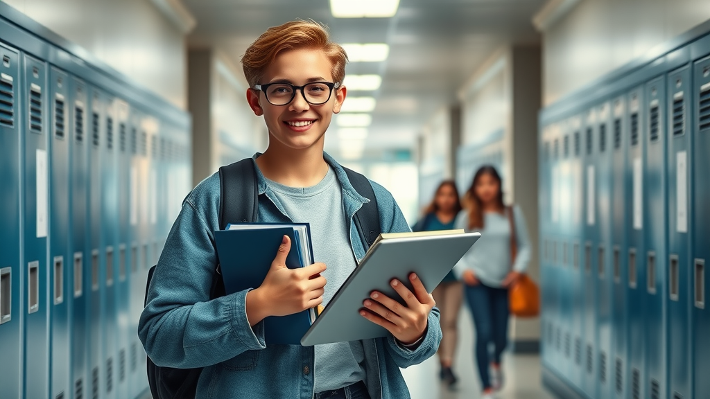 Academic success in teens supported by authoritative parenting: Confident adolescent carrying books and a tablet walking through a modern school corridor
