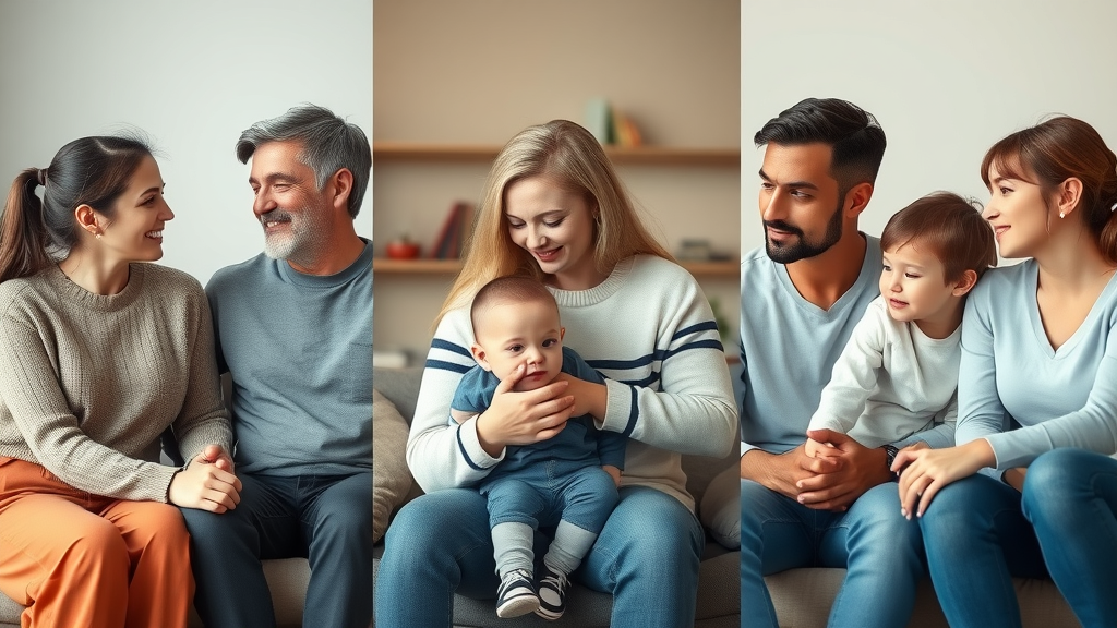 Contrasts between authoritative, authoritarian, and permissive parenting styles: Three side-by-side parent-child pairs showing unique emotional expressions and postures