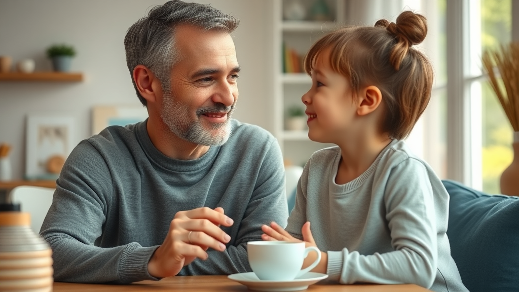 Positive communication at home between an authoritative parent and older child, both calmly engaged in a cozy dining setting, eye contact, soft home details