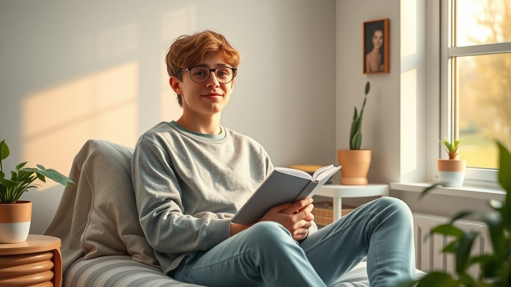 Mentally strong teenager exhibiting positive mental health, smiling comfortably while journaling or holding a pet in a calm, pastel-toned bedroom
