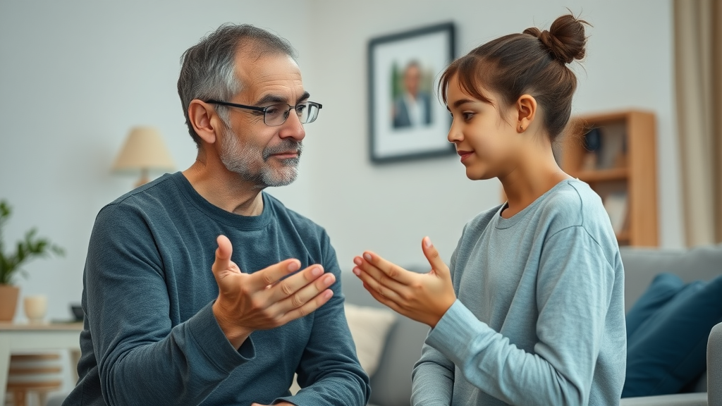 Discipline discussion between authoritative parent and teen, calm and open gestures, contrasted with a stricter authoritarian parent in the background