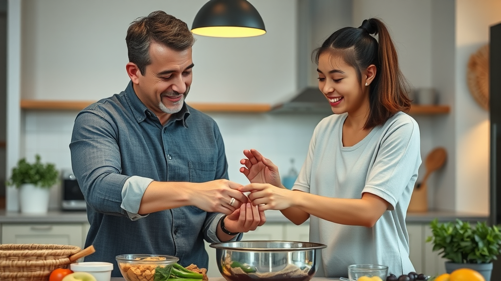 Balanced parenting skills: authoritative parent and teenager cooking together, showing teamwork and mutual respect in a stylish modern kitchen