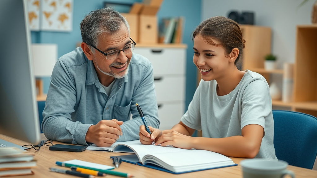 Supportive home routines: authoritative parent guiding teen through homework in a neat, motivating study area, clear focus and harmonious atmosphere