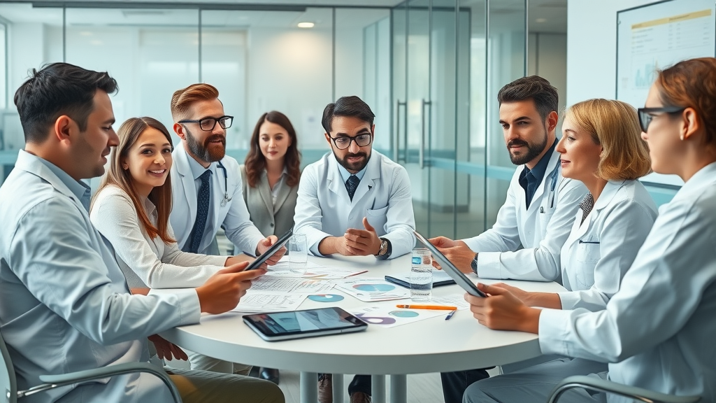 Scientific research into authoritative parenting: diverse team of researchers discussing key findings in a modern, glass-walled office, digital tablets and reports visible