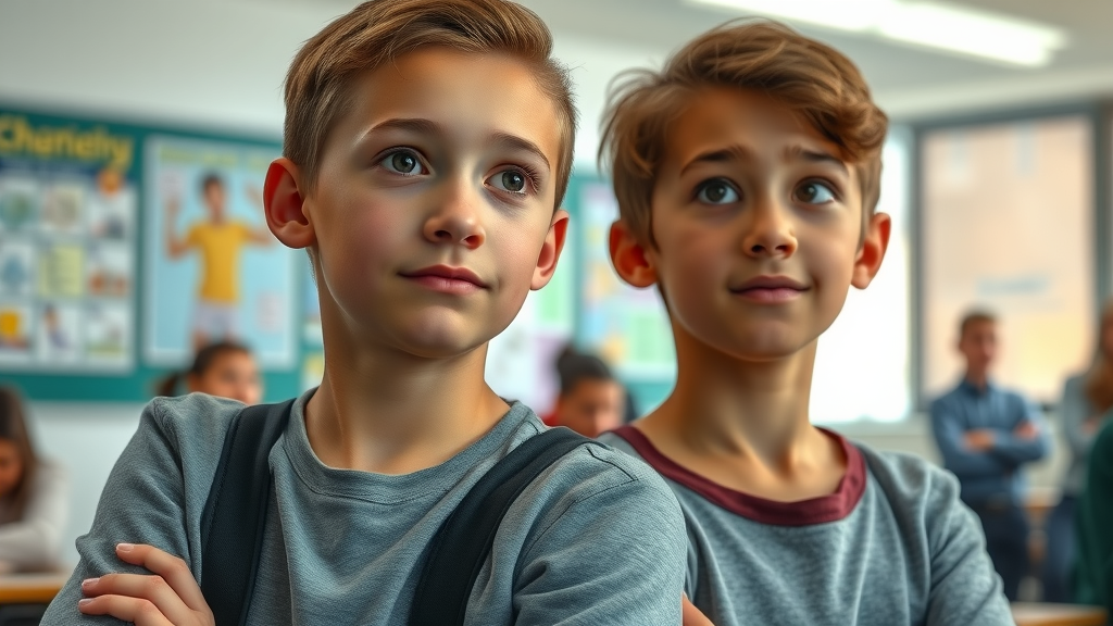 thoughtful adolescent boy and girl contemplating adolescent risky decision making in a classroom setting, with peers in the background. Photorealistic and highly detailed, representing decision making and adolescent risk.