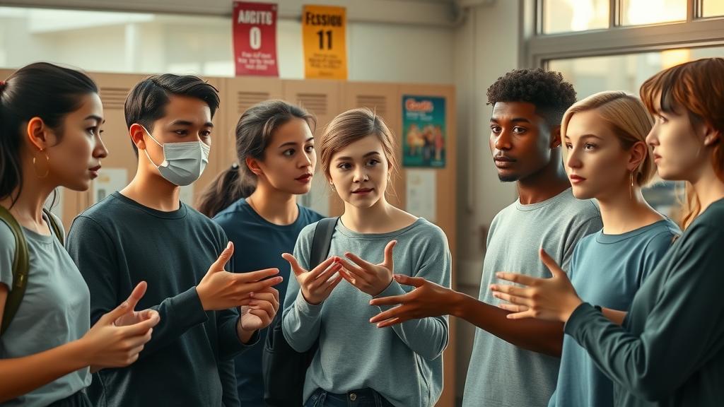 diverse group of teenagers discussing adolescent risk taking in a modern school hallway, animated gestures and clear expressions. Represents social aspect of adolescent risky decision making.