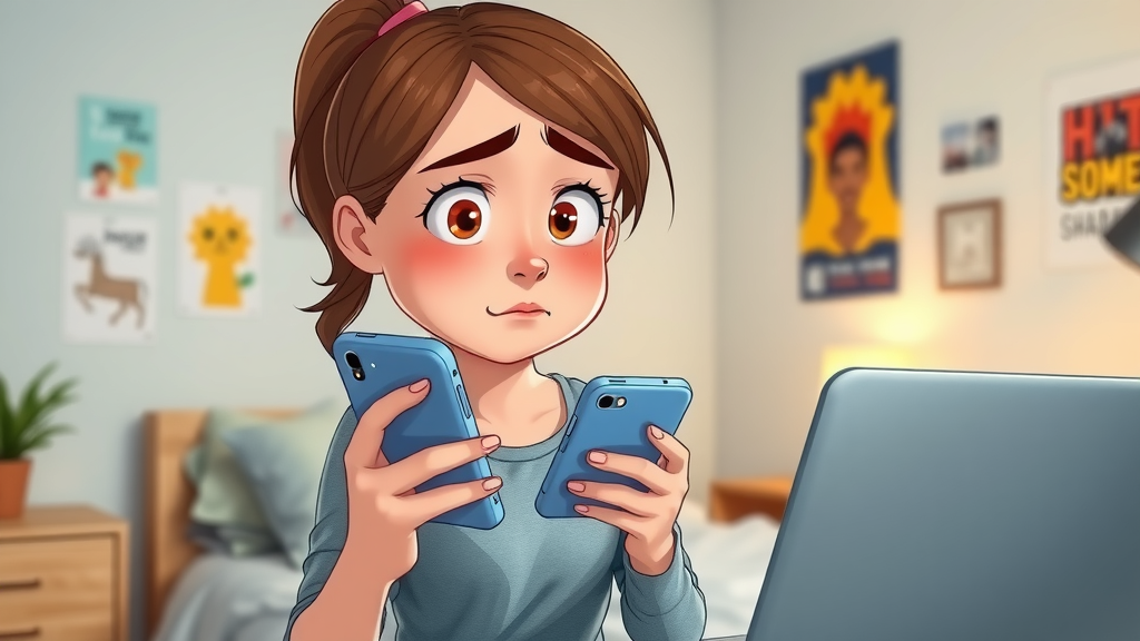 anxious teenage girl hesitating with smartphone before posting, illustrating social media risk taking and adolescent risk.