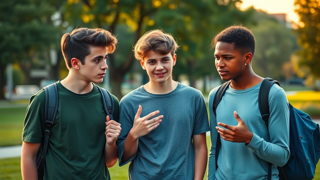 peer group pressuring friend into risky decision making in a park, showing peer influence in adolescent risk taking.