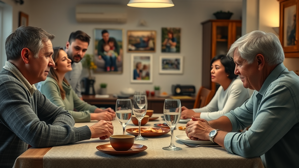 family discussing adolescent risky decision making at dinner, showing supportive and empathetic parental guidance.