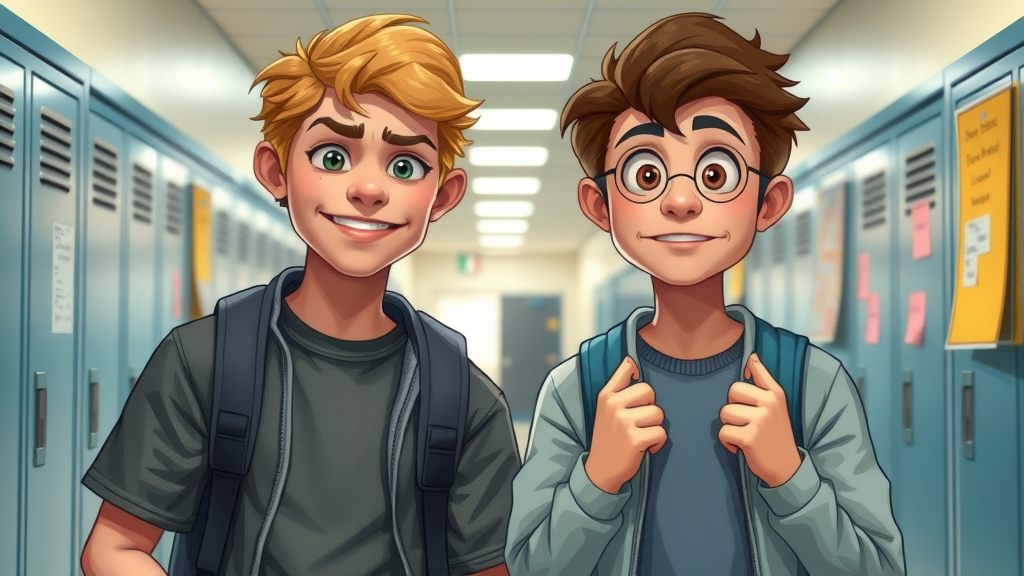 two teenagers representing different personality traits in risk taking: one bold and confident, one shy and cautious, school background.