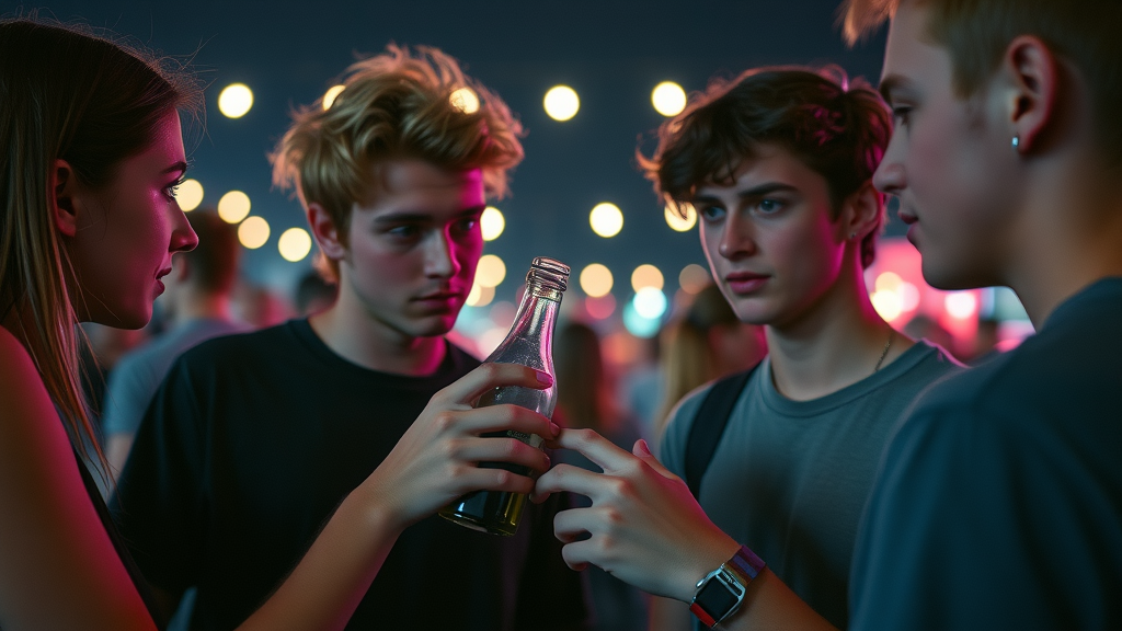 teenagers at festival engaging in risky behaviors, passing a bottle, illustrating real-life consequence of adolescent risk taking.