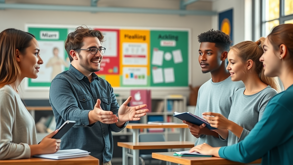 teacher mentoring teenagers on healthy decision making in classroom, representing educational strategies for adolescent risky behavior.