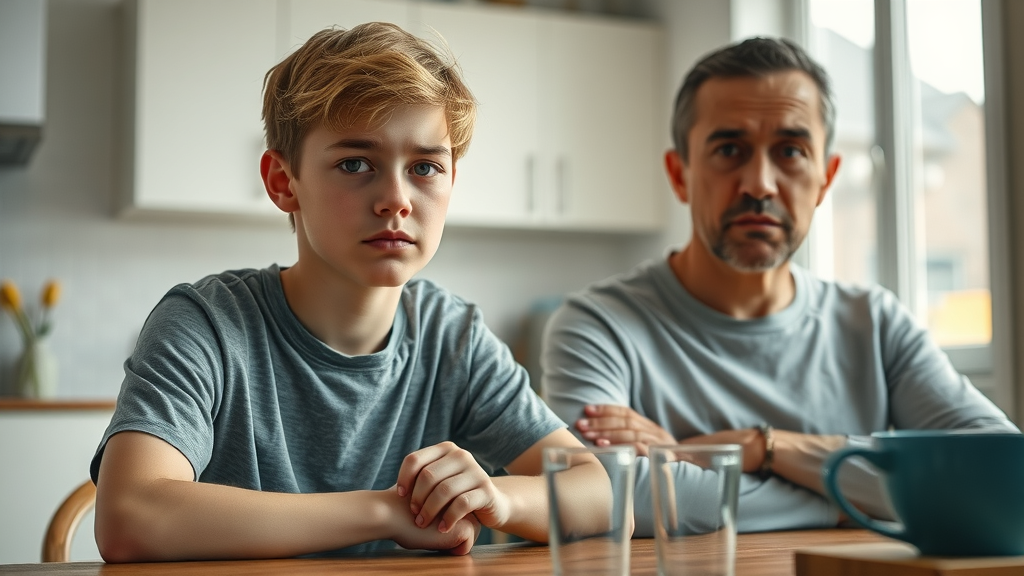 Authoritarian parenting with teens - candid portrait of a teenager and parent at kitchen table, serious expressions, photorealistic, natural daylight, subtle tension