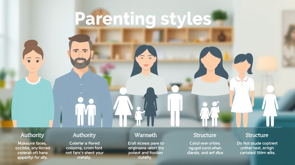 Infographic comparing authoritarian parenting style, permissive parenting, and other types with icons for authority and warmth