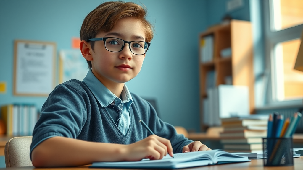 Organized teen doing homework, authoritarian parent style influence, clean study room, disciplined atmosphere