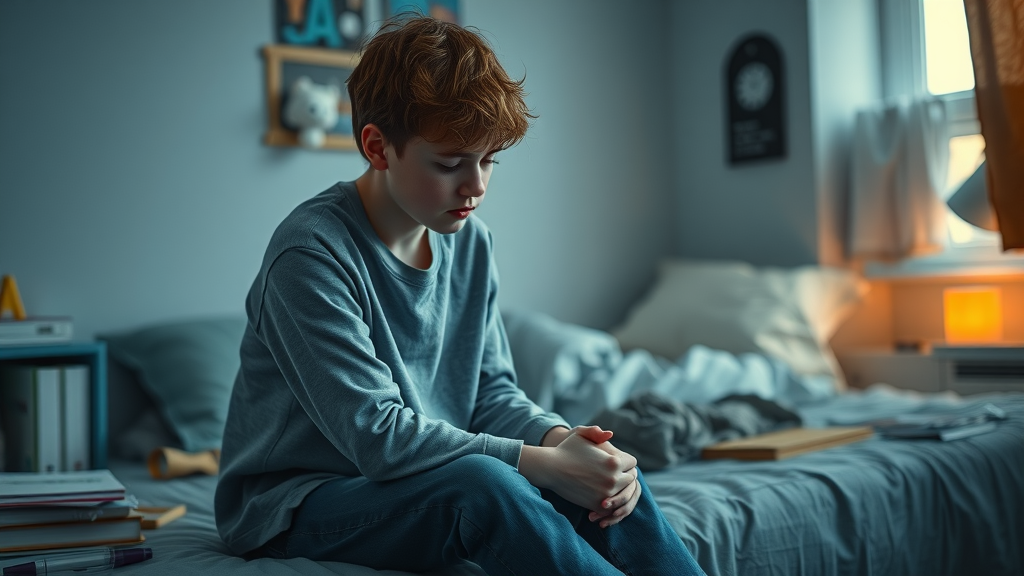 Teenager alone on bed, sad expression, representing mental health effects of authoritarian parenting
