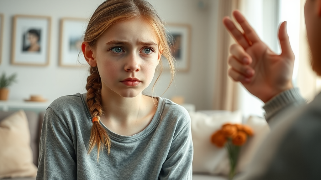 Adolescent girl frustrated as parent gestures, living room, showing parent-child disconnect in authoritarian homes