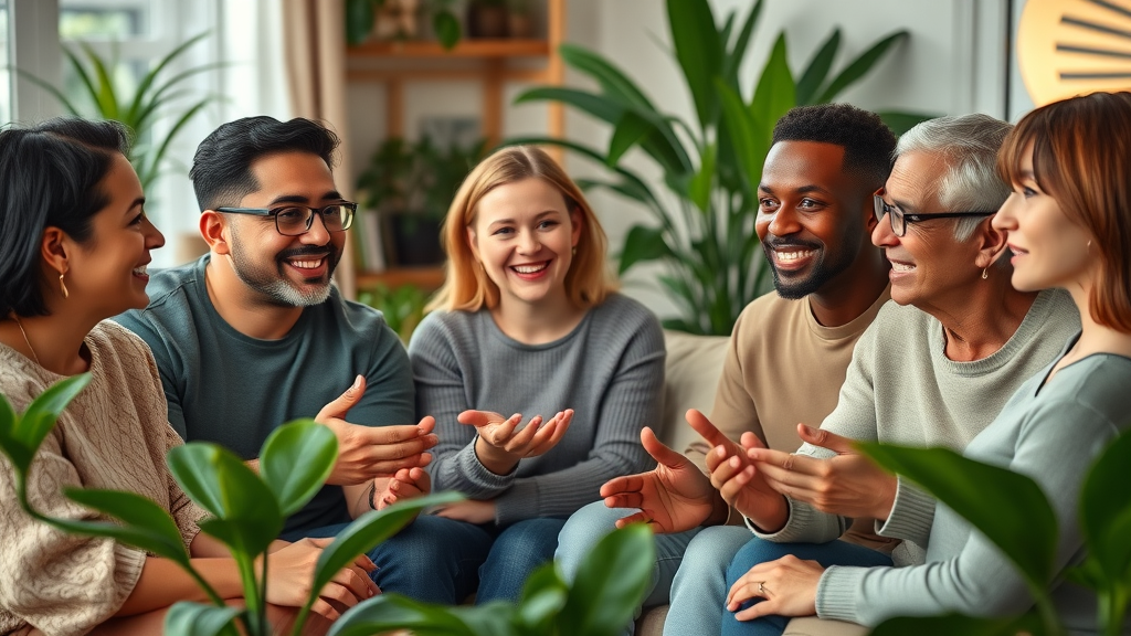 Authoritative parenting alternative - diverse family in meaningful group conversation, supportive environment