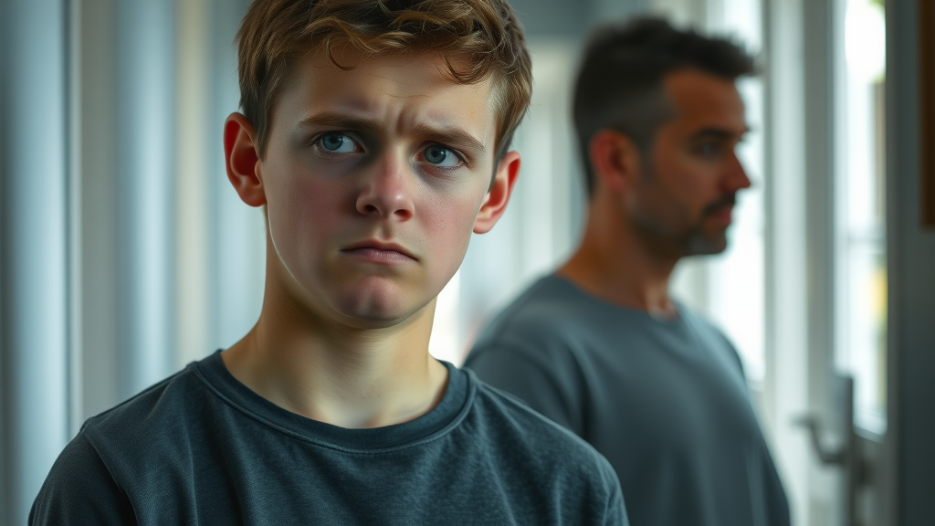 Worried teenage boy, discomfort, parent in background, sunlit hallway, warning signs of authoritarian parenting