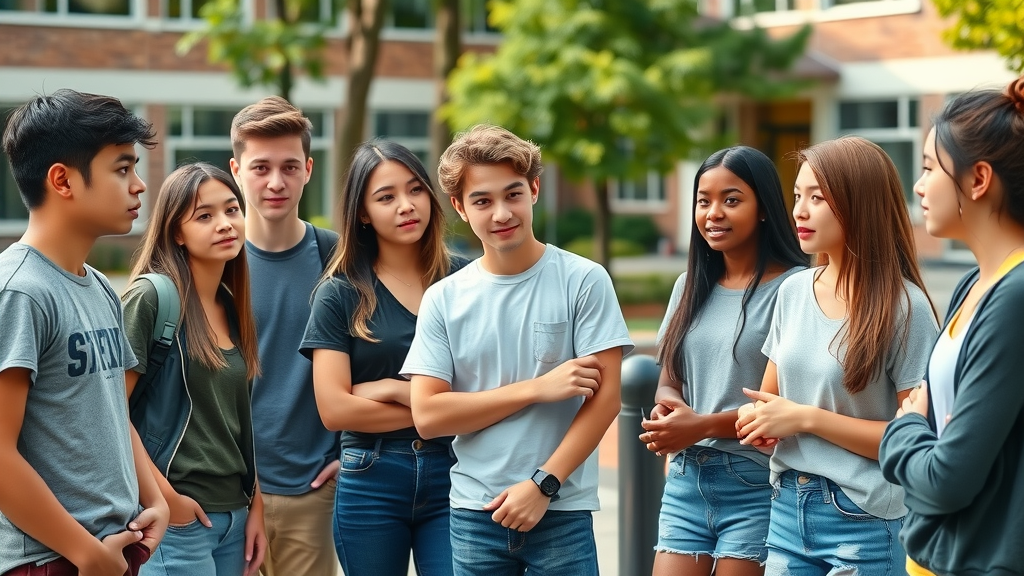 Group of diverse teens in school courtyard, showing varied social and emotional effects of authoritarian parenting