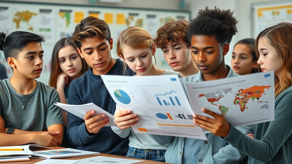 teenagers examining charts about building positive habits for teens in a modern classroom