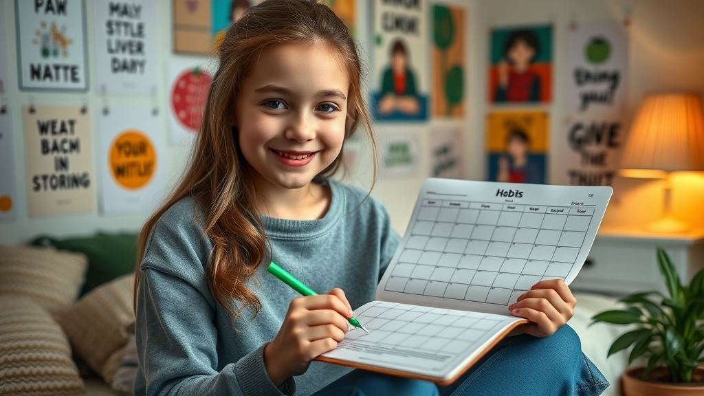 motivated teen girl writing in a habit tracker journal to build positive habits