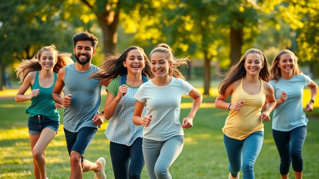active teens developing positive habits through jogging together outdoors in a park
