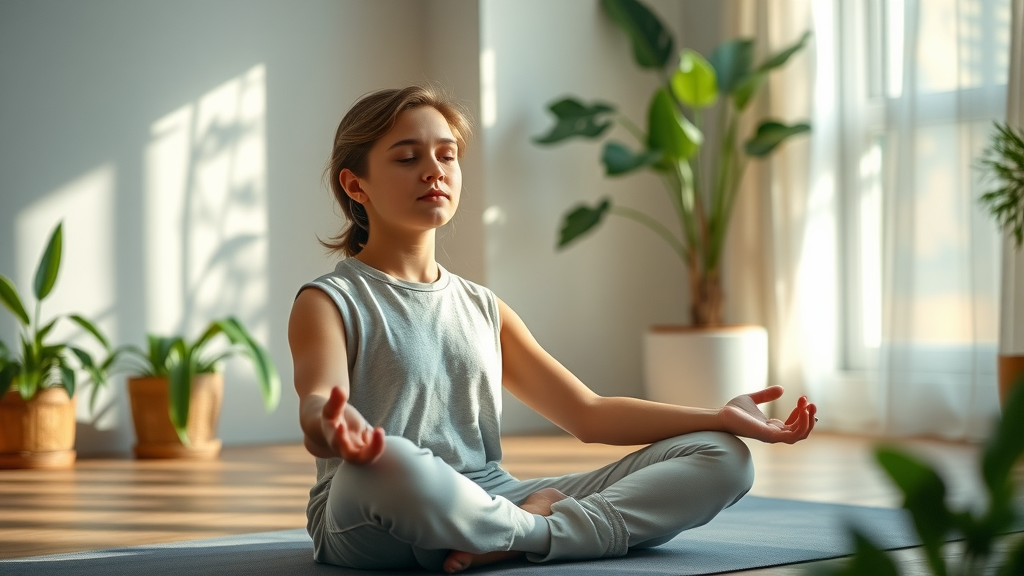 relaxed teen practicing stress management and positive habits with meditation in a cozy bedroom