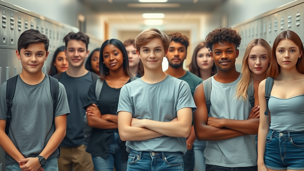 empathetic diverse group of teenagers standing in a school hallway, representing teen sexual behavior