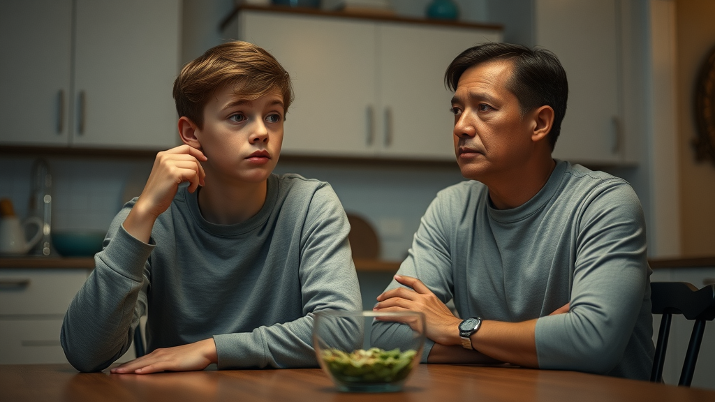 thoughtful teen and parent hesitating to communicate at kitchen table about sexual behavior