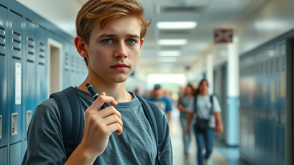 Concerned teenage student holding an e-cigarette in a high school hallway demonstrating apprehension and teen vaping risks, with natural realism and a bustling background
