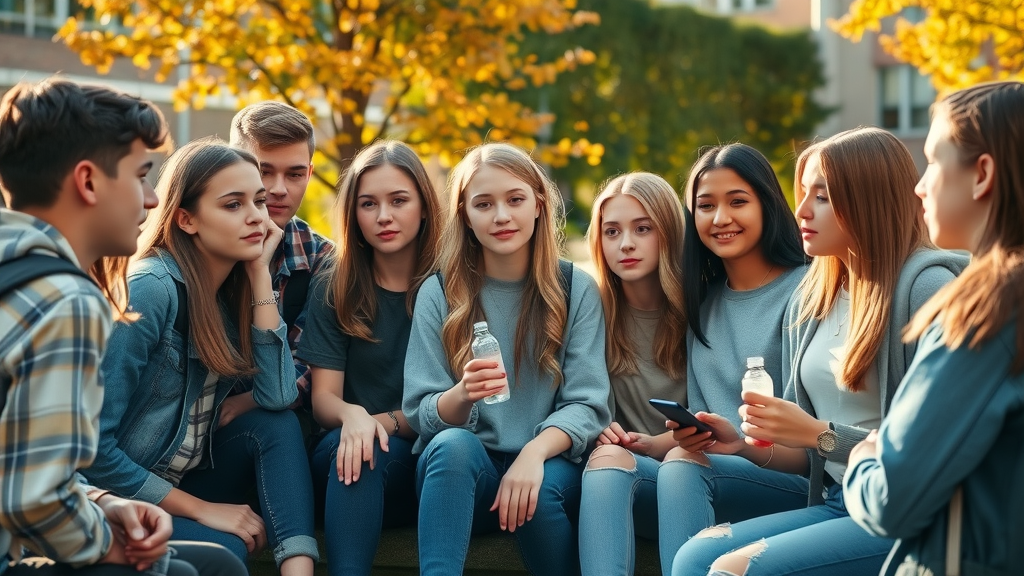 Focused group of teenagers discussing vaping outside a school, surrounded by autumn leaves, capturing curiosity and uncertainty regarding teen vaping risks