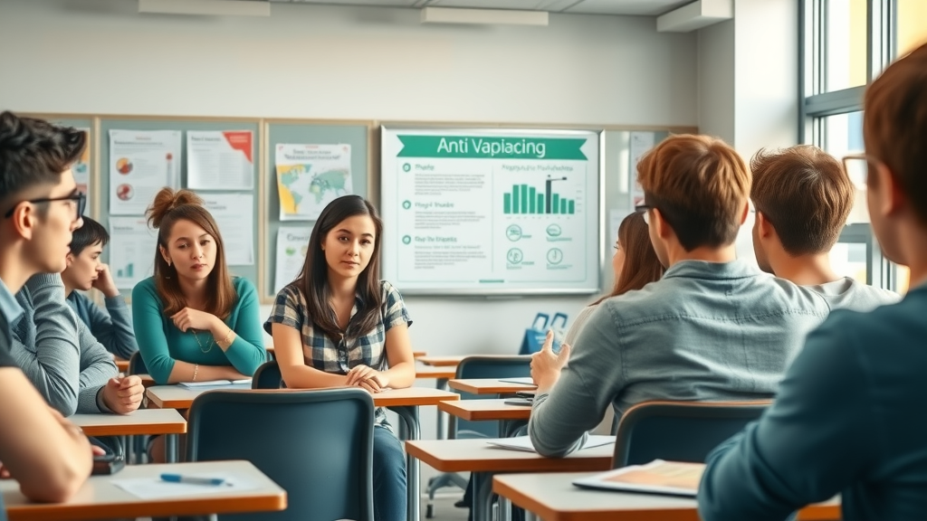 Active classroom scene with teacher showing anti-vaping infographic to teenagers, illustrating efforts to address health risks and dangers of vaping among high school students